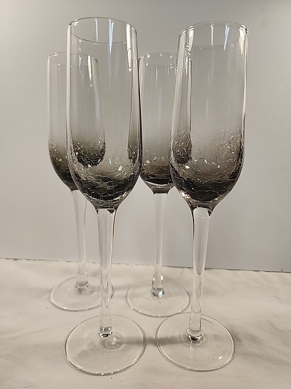 Pier 1 Smokey Grey Ombre Crackle Glass Champagne Flutes Set of 4 Glasses